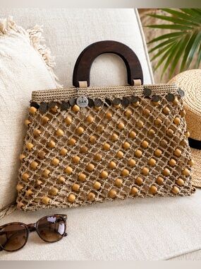 The Sak Original Woven Beaded Handbag Wood Handle Boho Coastal Neutral